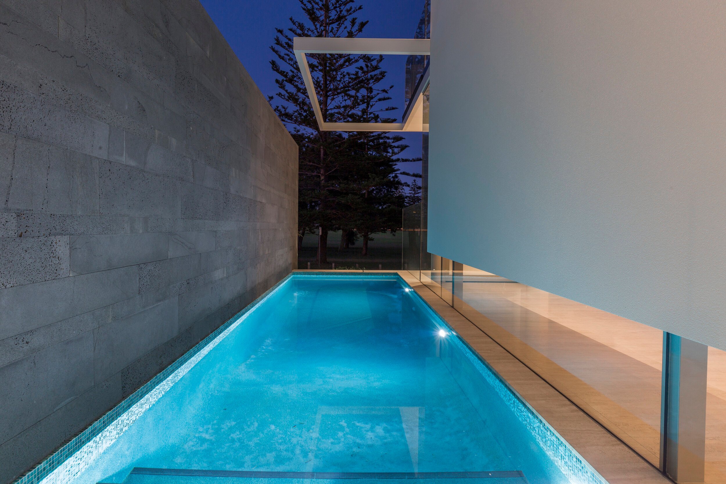 Platinum-PLANC-Strip-Cladding-Near-Pool Stunning lap pool with lavastone Platinum PLANC on side wall