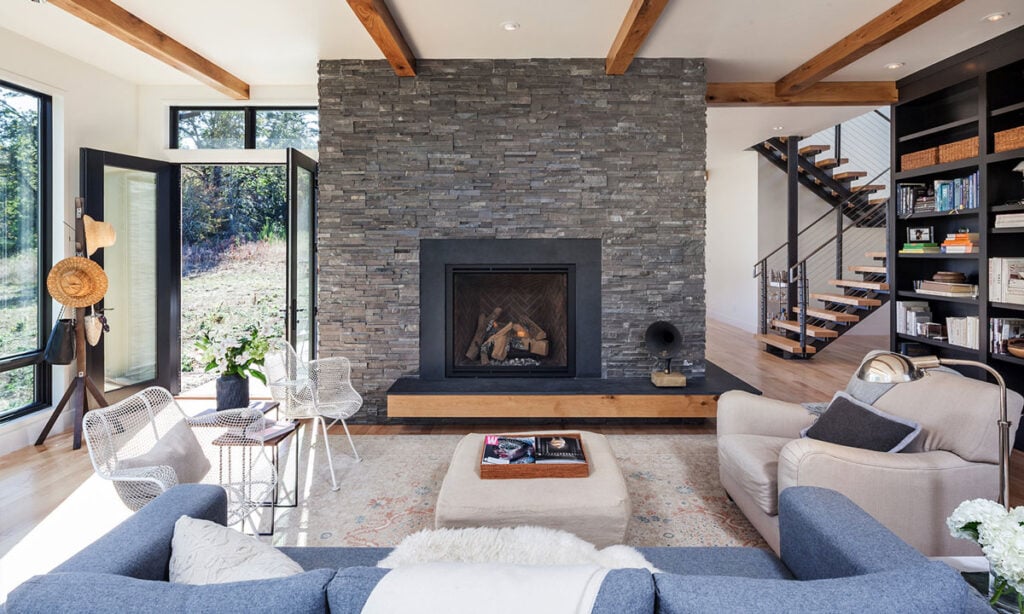 Stunning Charcoal Stacked Stone Panels on Interior Fireplace