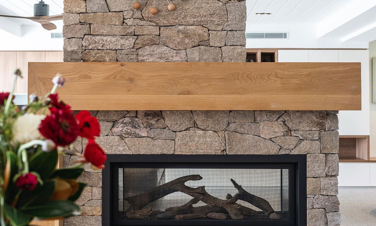 Kalahari Drystack Ledgestone Fireplace with modern oak mantle