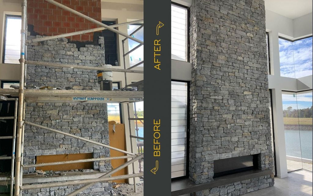 Refacing brick fireplace with stone