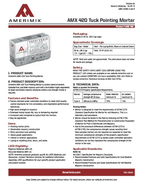 Amerimix 420 Tuck Pointing Mortar Spec Sheet