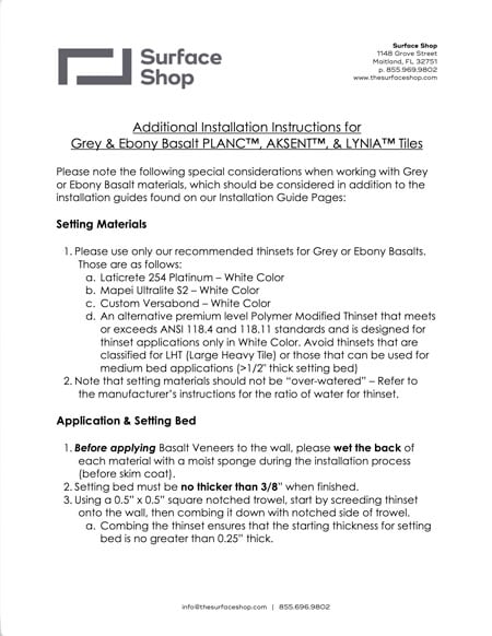 Surface Shop Basalt Special Installation Instructions